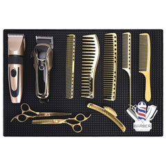 BARBERTOP organizer mat holds clippers, scissors, combs for a tidier workstation