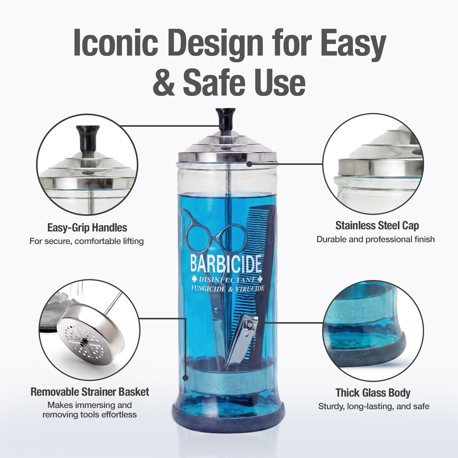 BARBICIDE stainless steel cap and removable strainer basket for daily use