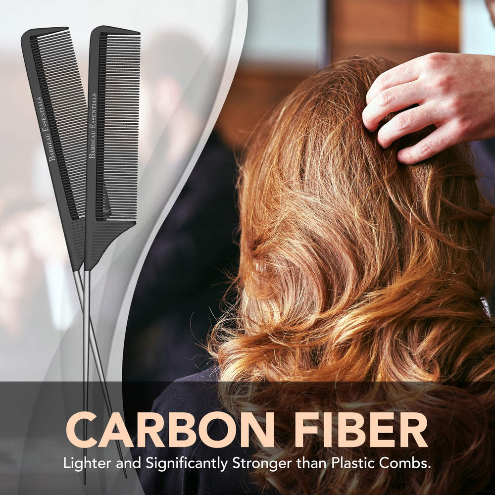 Bardeau Essentials lightweight, easy-to-handle tail comb shown in hand for comfortable styling.