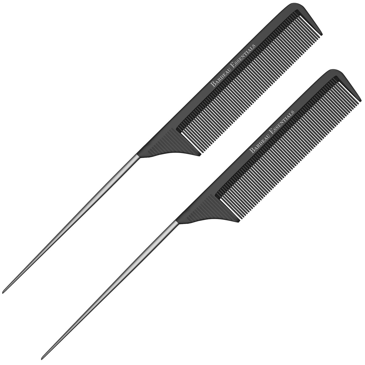 Bardeau Essentials tail comb carbon fiber in black, 2-pack for precise parting and smooth styling.