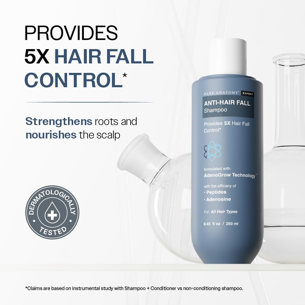 Bare Anatomy 5x hair fall control claim visual explaining enhanced root support.