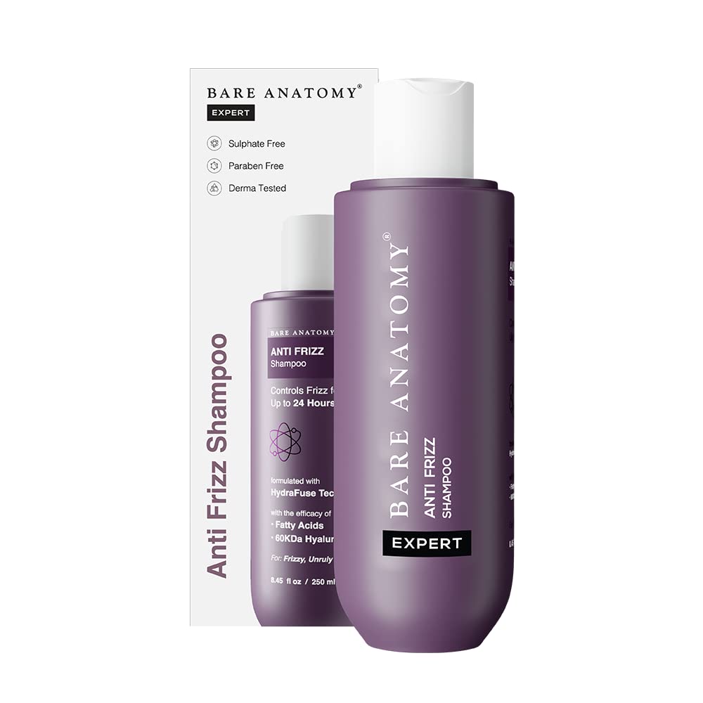 Bare Anatomy Anti Frizz Shampoo bottle showing hydrating formula for frizz control