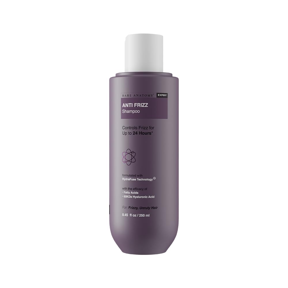 Bare Anatomy Anti Frizz Shampoo label highlights key smoothing ingredients