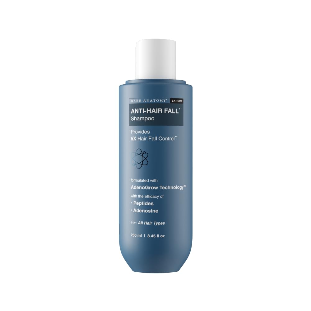 Bare Anatomy anti-hair fall shampoo bottle showing scalp-friendly formula for stronger roots.