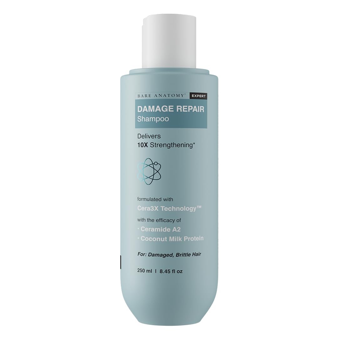 Bare Anatomy Damage Repair Shampoo bottle highlights nourishing formula for all hair types.