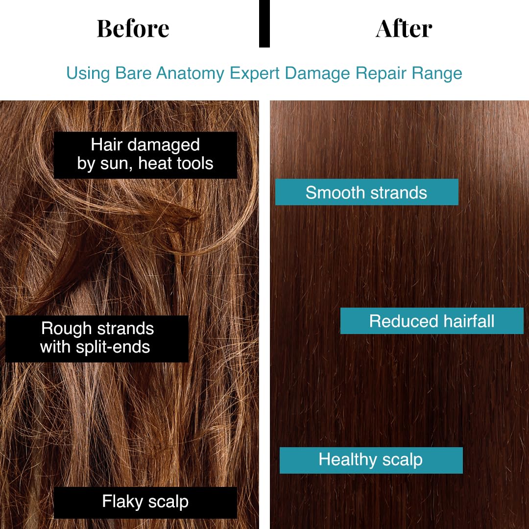 Before-and-after styling image hints at smoother, less frizzy hair.