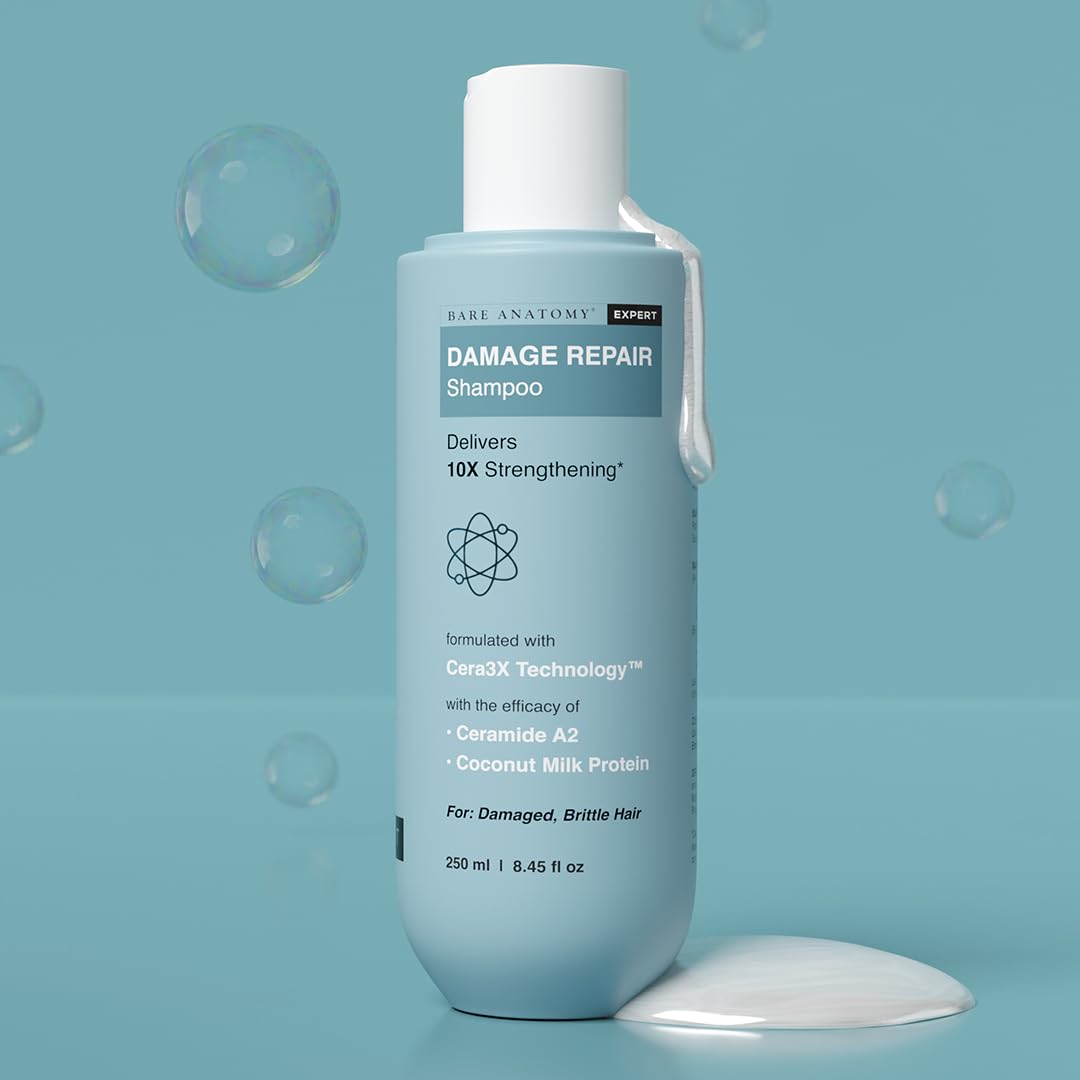 Bare Anatomy Damage Repair Shampoo lather demonstrates smoothing and frizz-control cleansing.