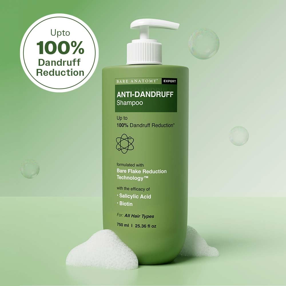 Bare Anatomy Expert Anti-Dandruff Shampoo lather on scalp demonstrates gentle cleansing and exfoliation