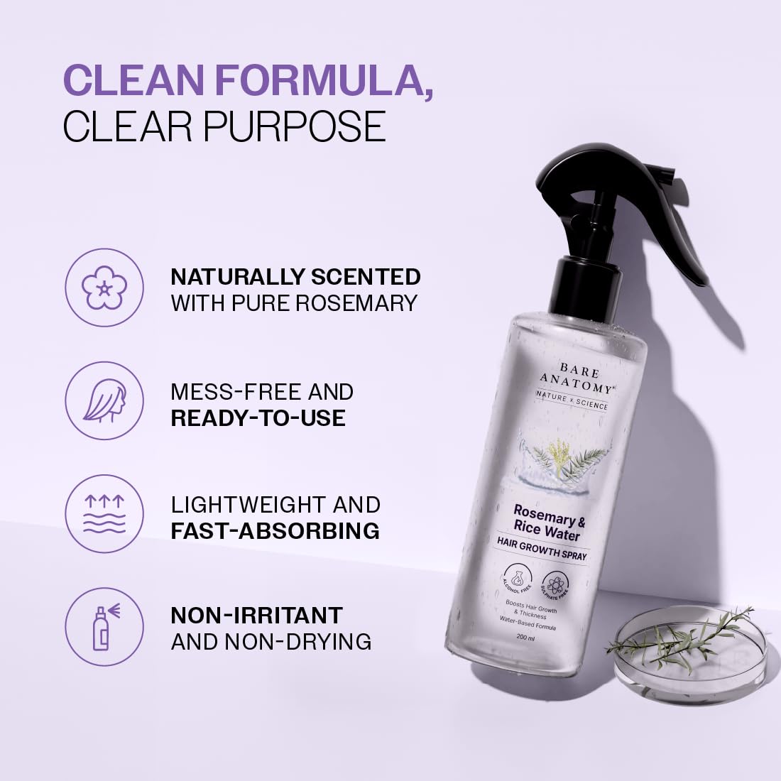 Bare Anatomy Rosemary Water Spray adds shine and smoothness to hair