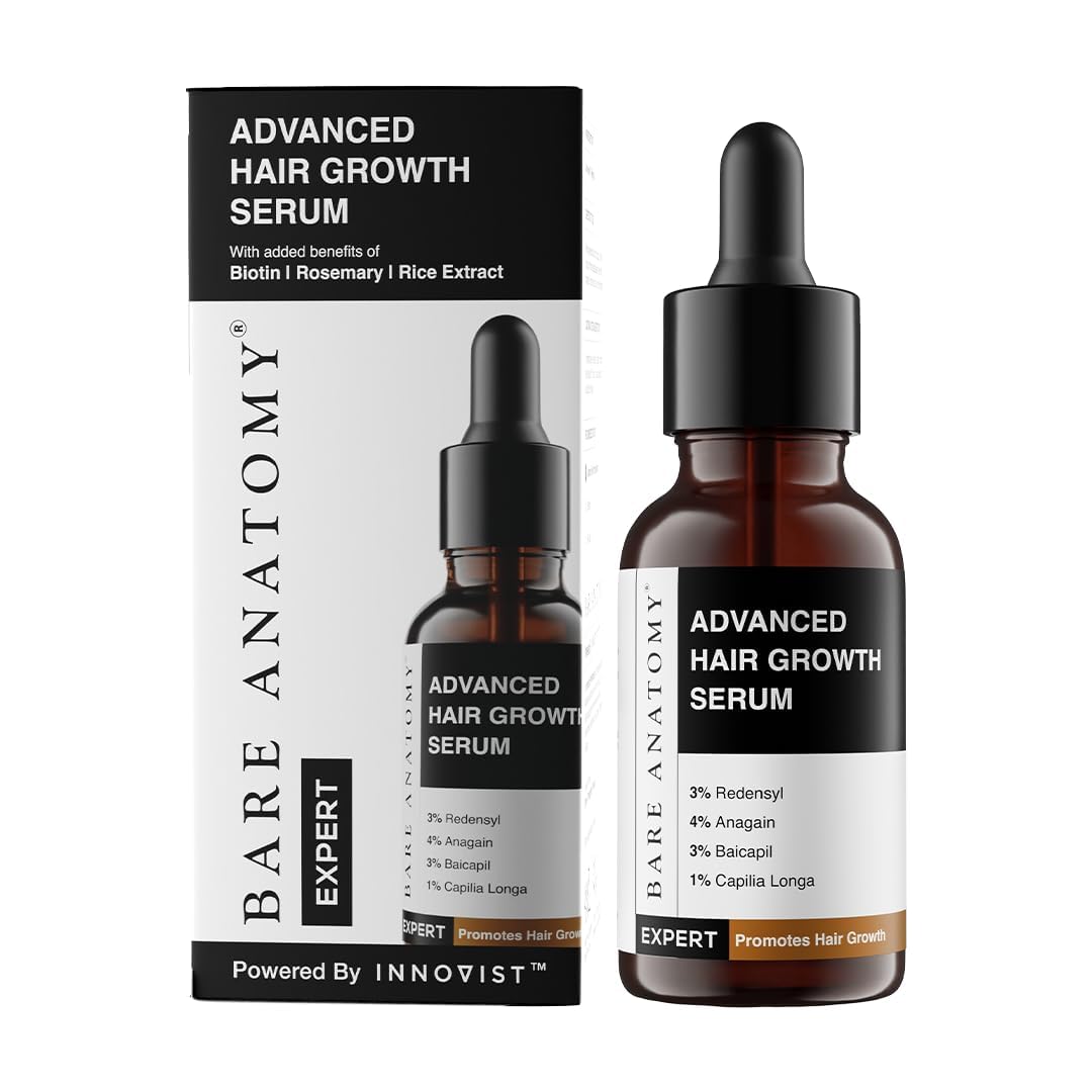 Bare Anatomy Advanced Hair Growth Serum bottle front view, compact 30mL for daily use.