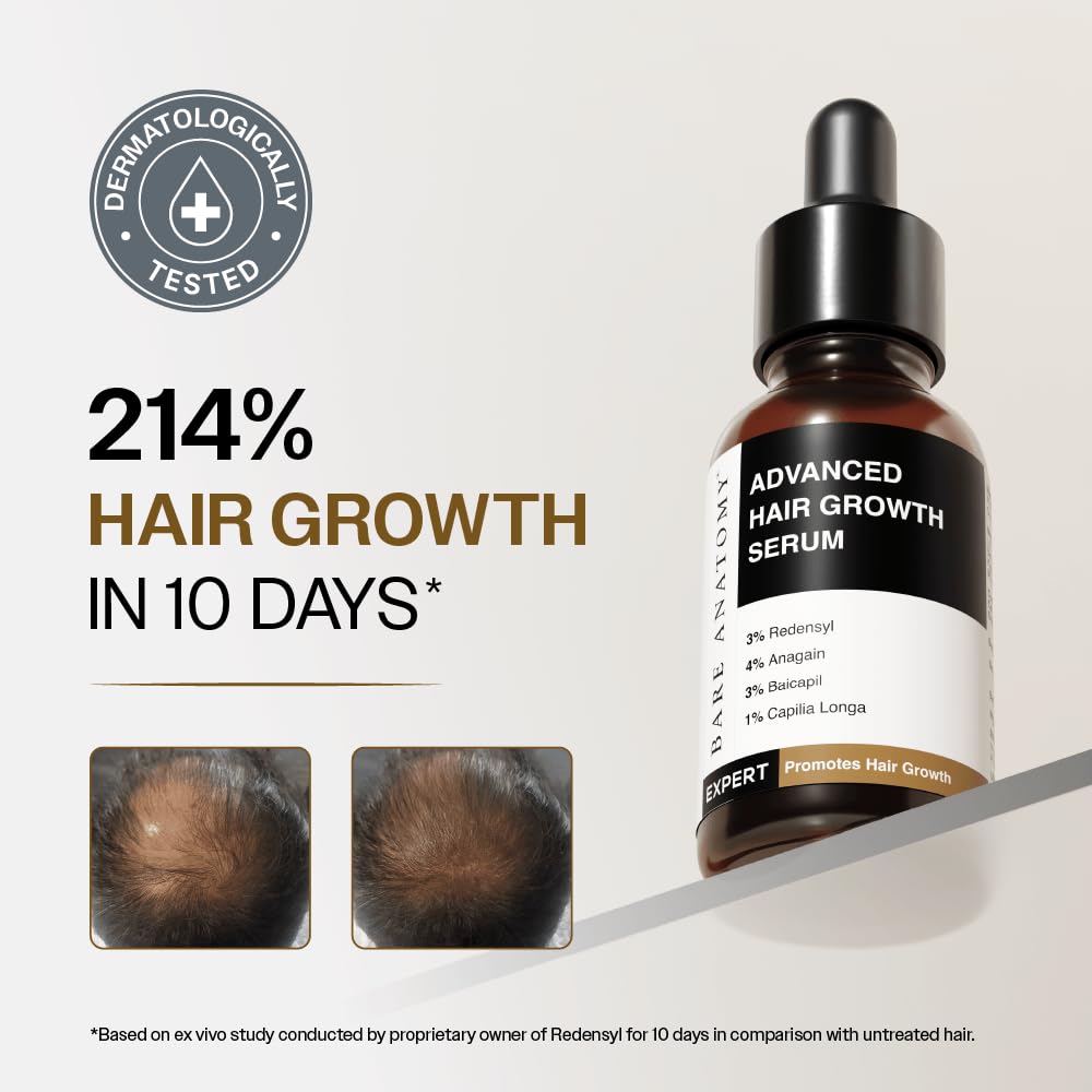 Bare Anatomy Advanced Hair Growth Serum dropper dispensing for precise scalp application.