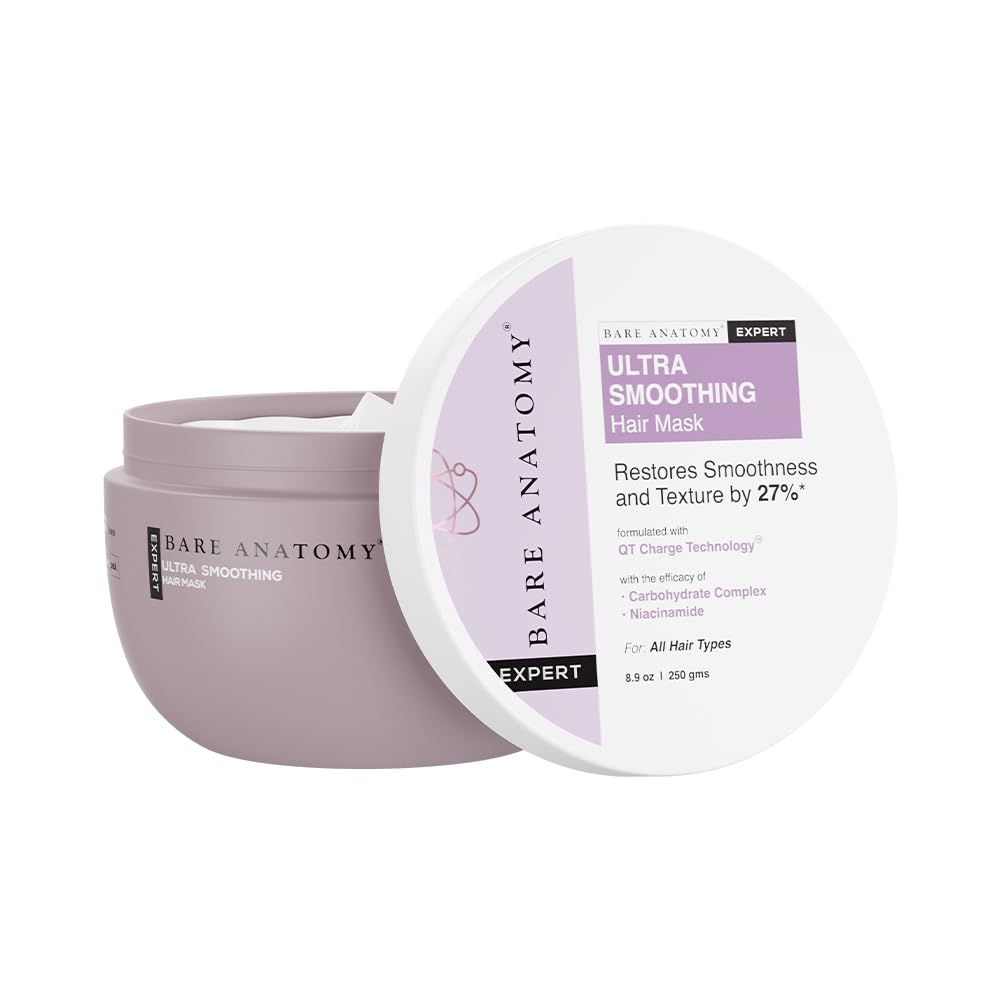 Bare Anatomy Ultra Smoothing Mask bottle front view for smoother, manageable hair.