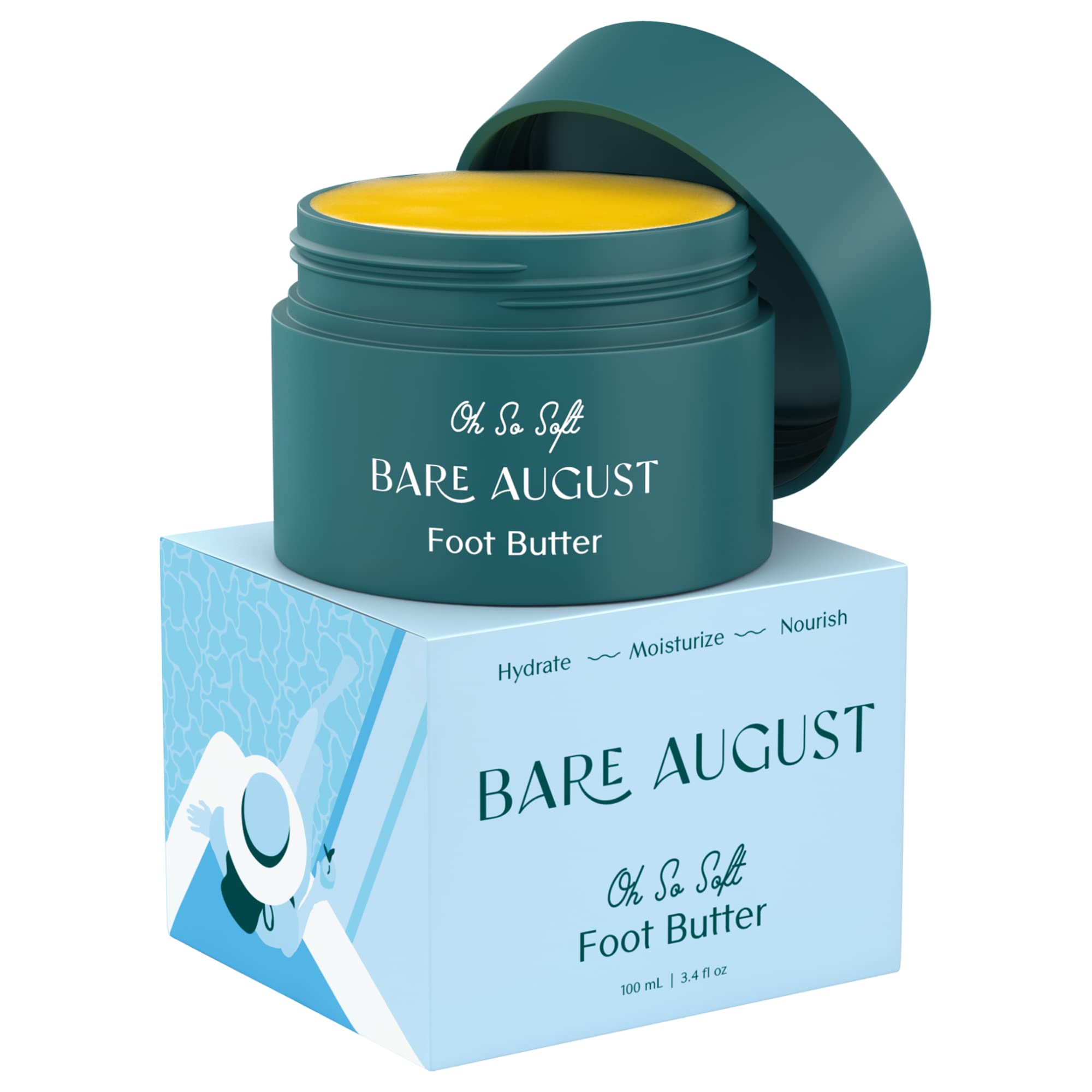 Bare August foot cream jar close-up shows rich hydration for dry heels