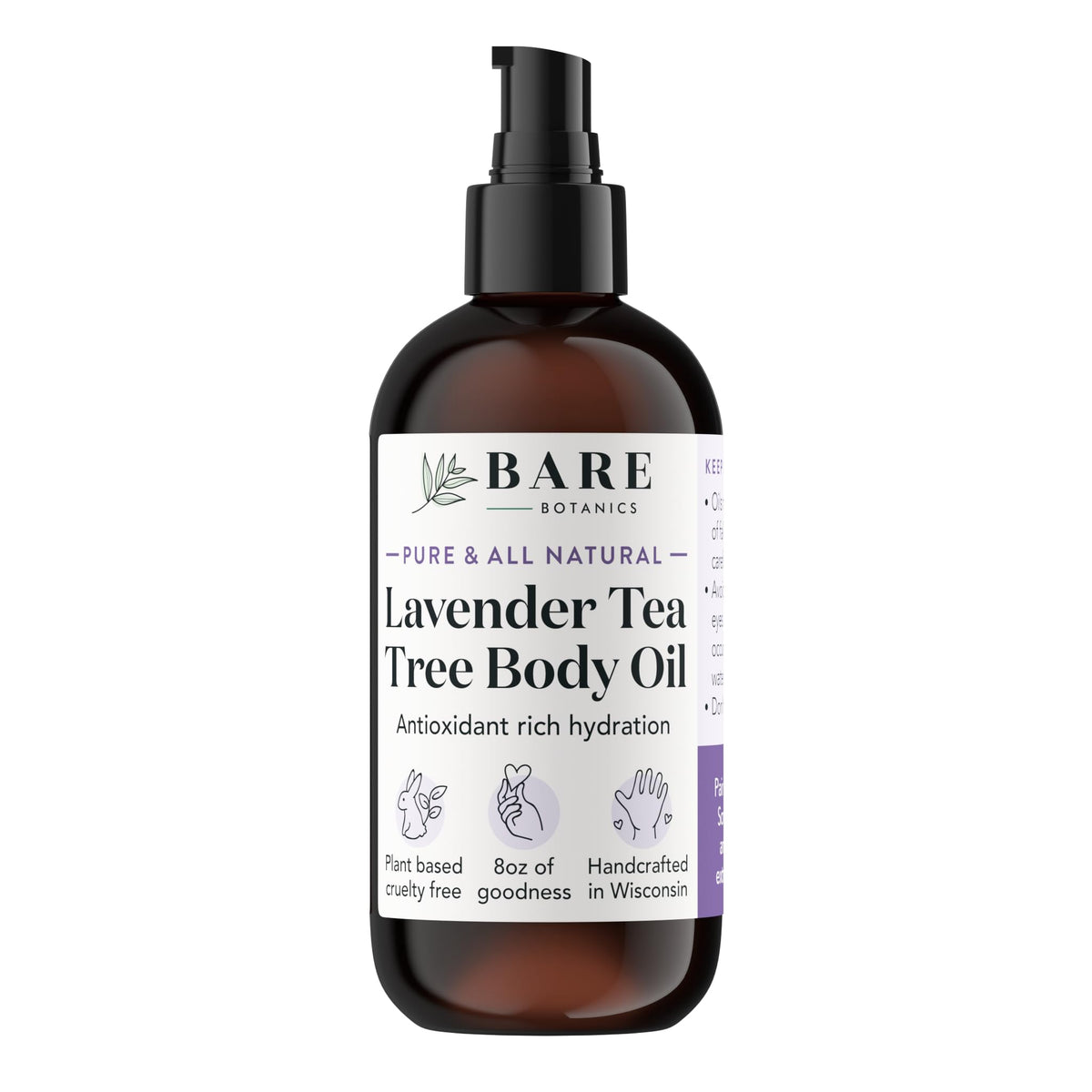 BARE BOTANICS Lavender Tea Tree Body Oil bottle delivering fast-absorbing moisture for skin and nails.