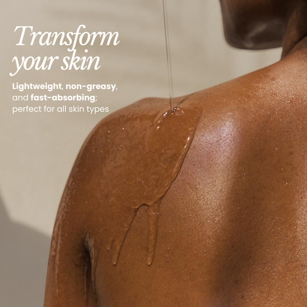BARE BOTANICS oil-pour bottle demonstrates easy distribution for quick hydration after shower.