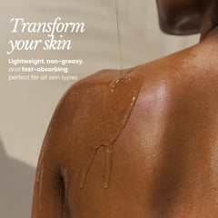 BARE BOTANICS oil-pour bottle demonstrates easy distribution for quick hydration after shower.