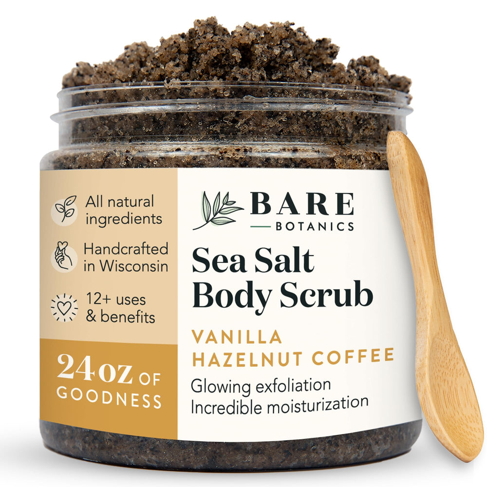 Bare Botanics Vanilla Hazelnut Coffee Scrub jar front for radiant skin