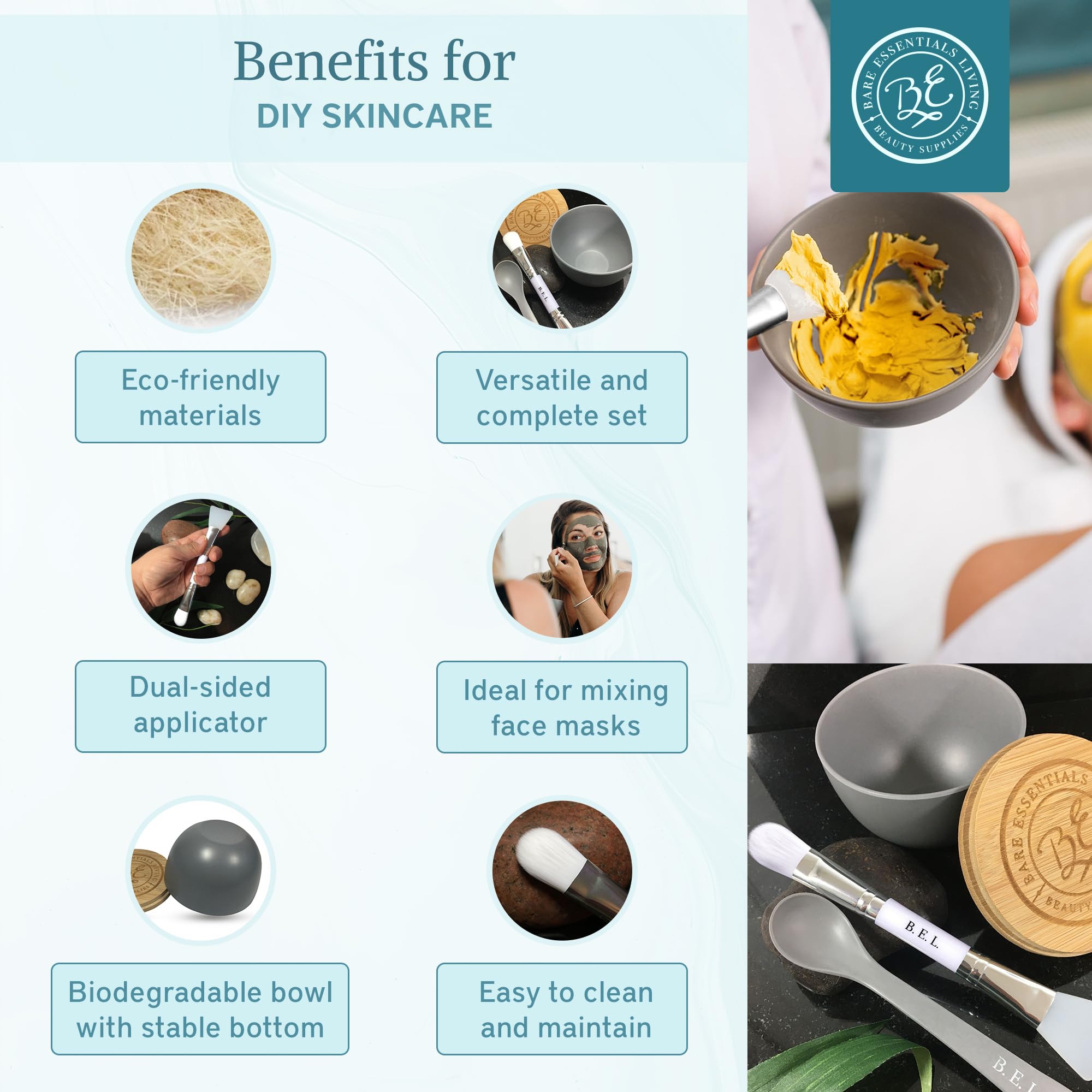 Bare Essentials Living face mask spoon helps precise, mess-free mask application.