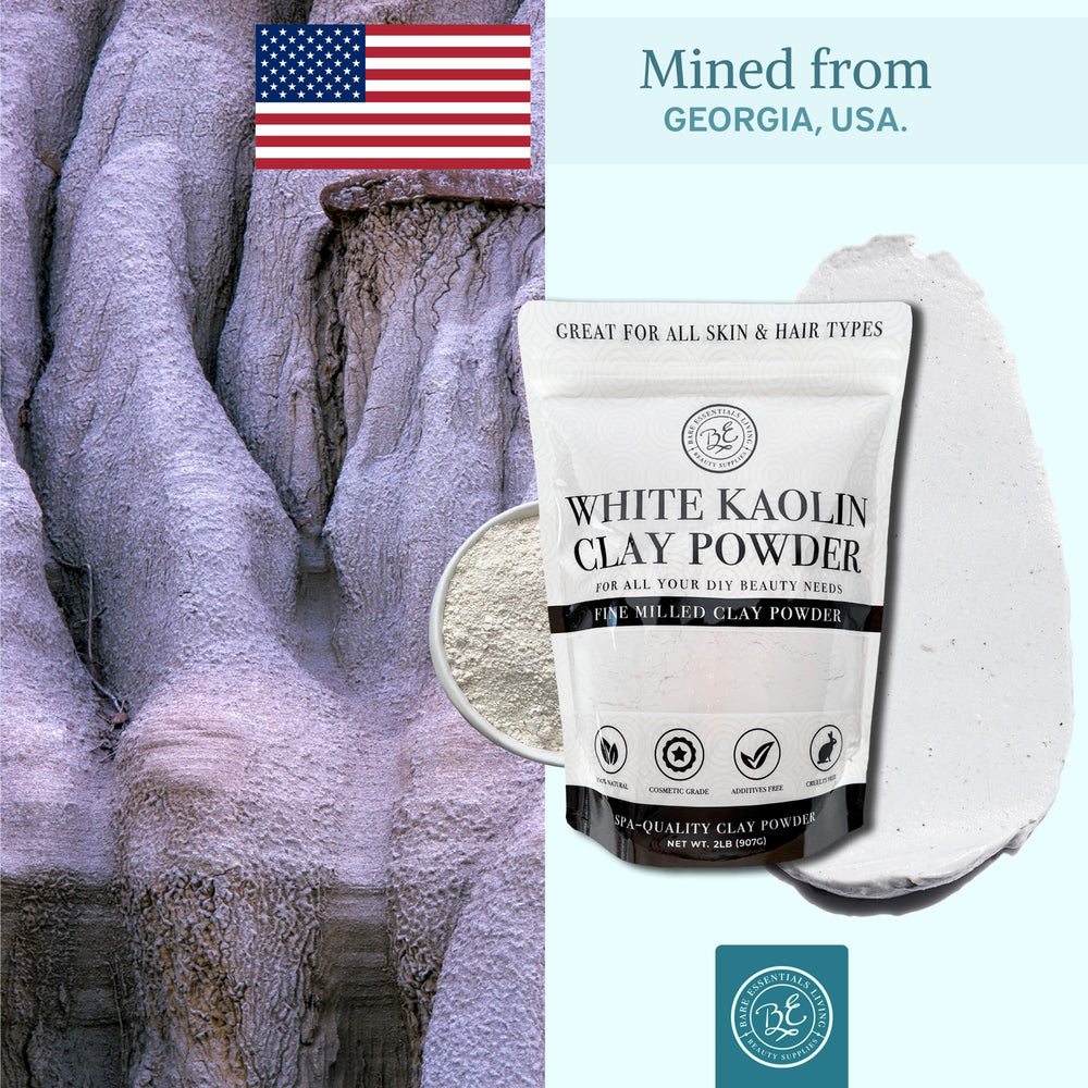 Bare Essentials Living kaolin clay powder close-up showing fine texture.