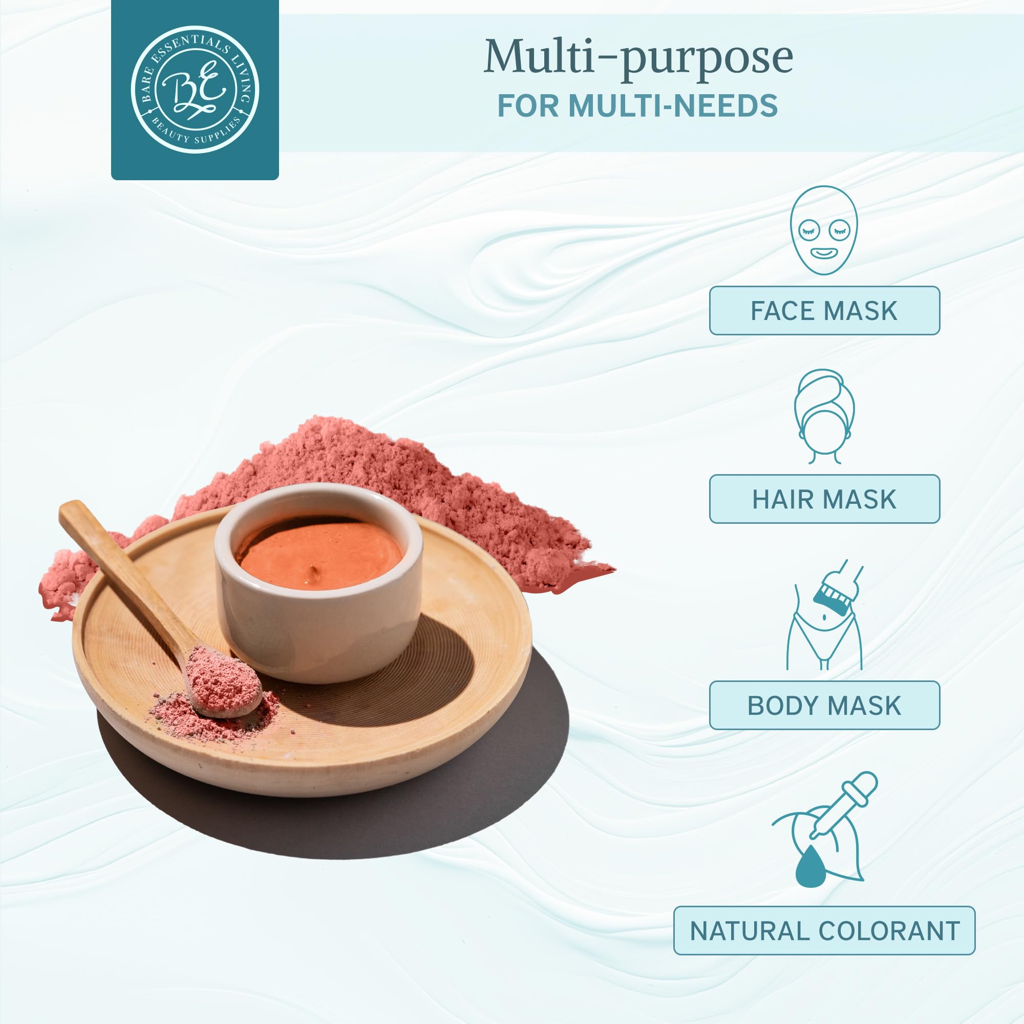 Bare Essentials Living pink kaolin clay face mask mixing for at-home skincare.