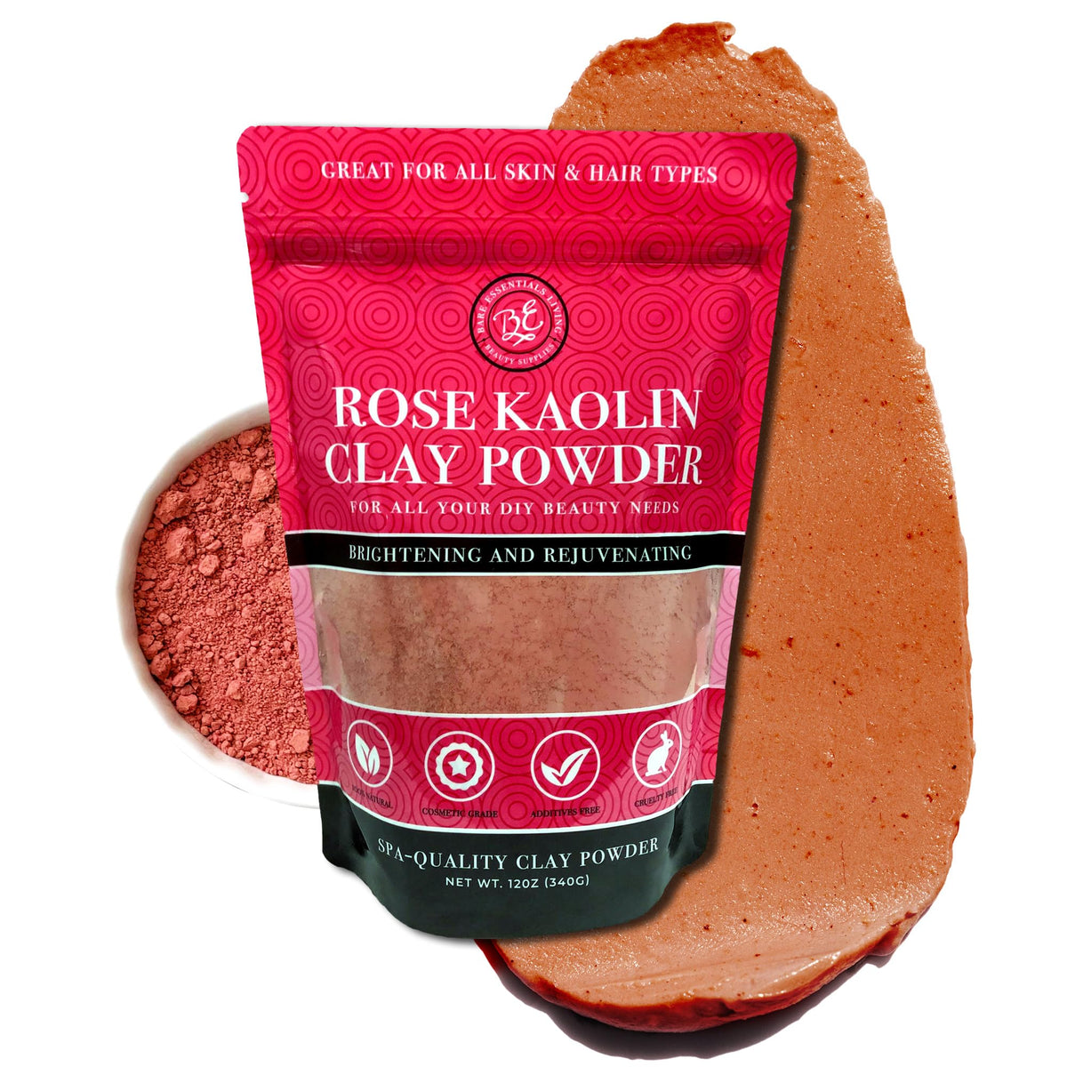 Bare Essentials Living pink kaolin clay powder packaging highlights natural, budget-friendly DIY beauty supplies.