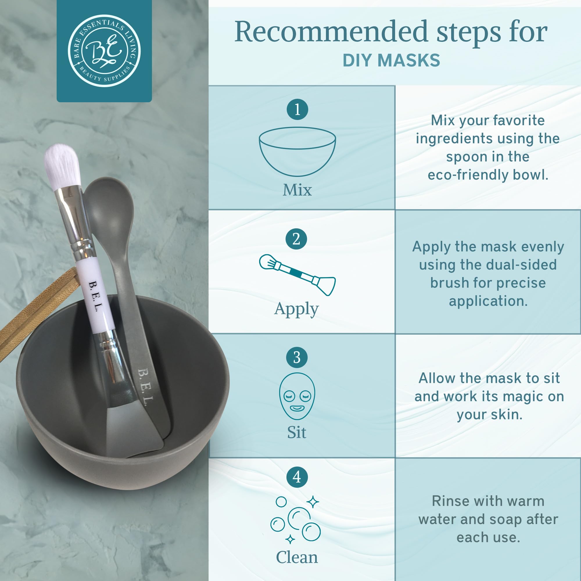 Bare Essentials Living silicone spatula complements application with flexible, even layering.