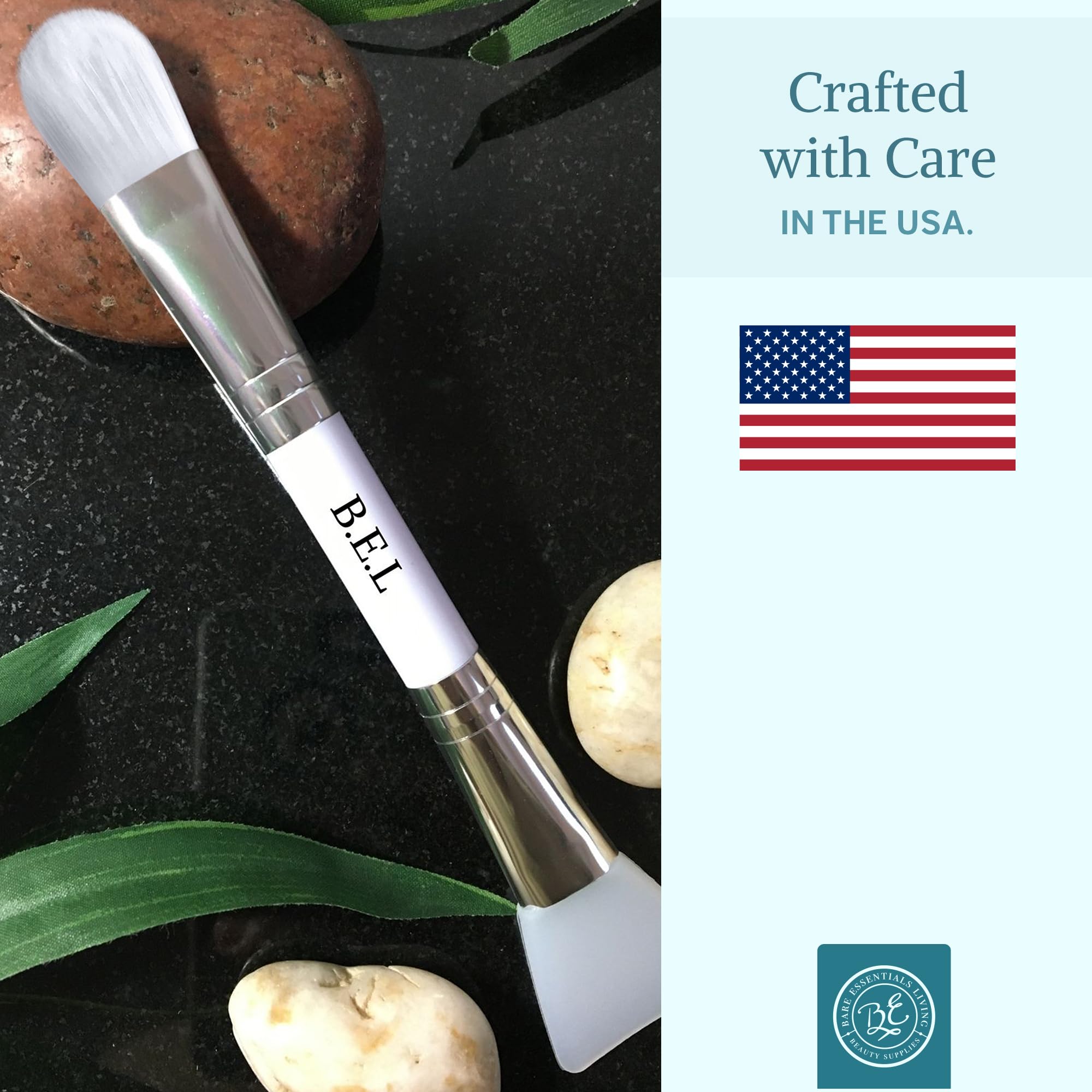 Bare Essentials Living white clay mask brush in use during a skincare session.
