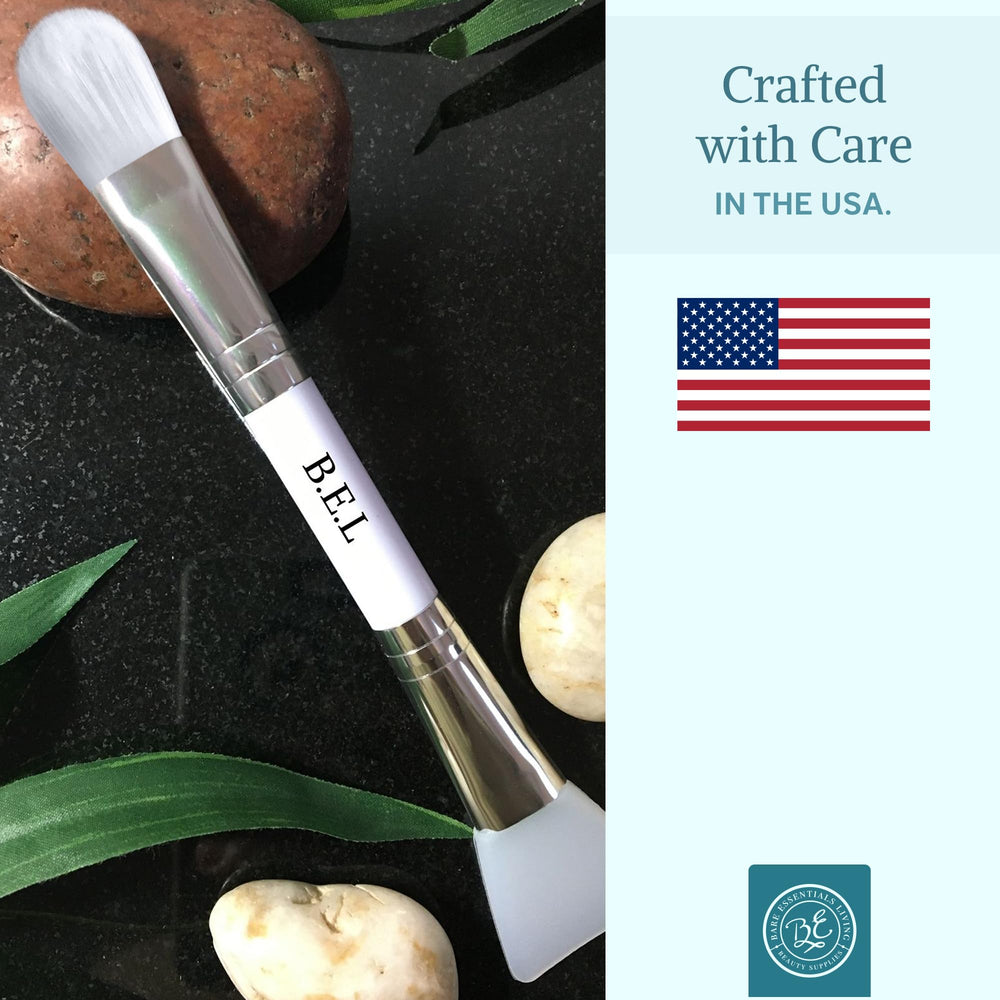 Bare Essentials Living white clay mask brush in use during a skincare session.