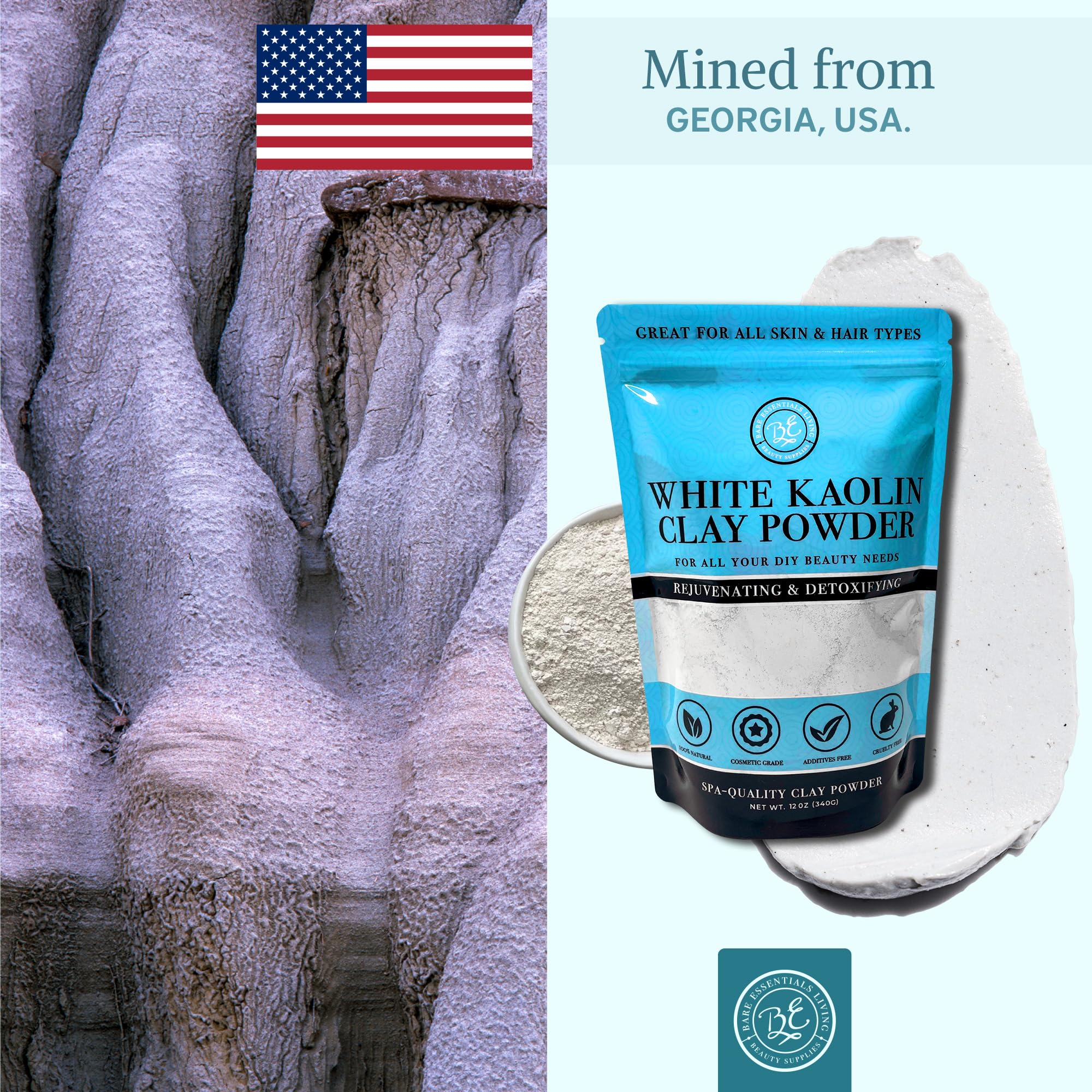 Bare Essentials Living cruelty-free USA-made kaolin clay for cosmetics and DIY projects