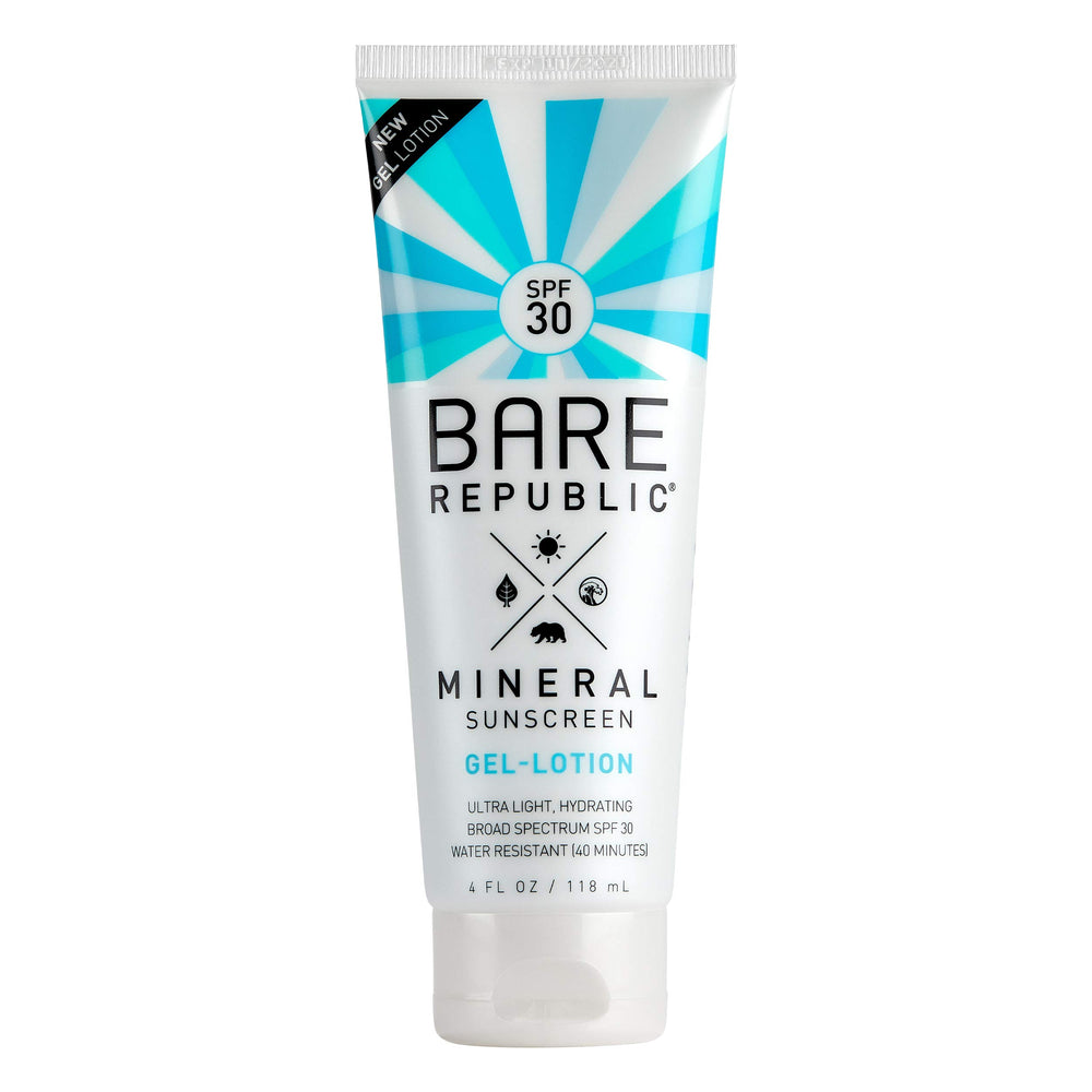 Bare Republic Mineral Gel Sunscreen bottle shows lightweight, sheer protection for daily outdoor wear.