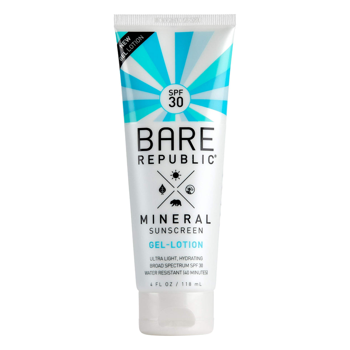 Bare Republic Mineral Gel Sunscreen bottle shows lightweight, sheer protection for daily outdoor wear.