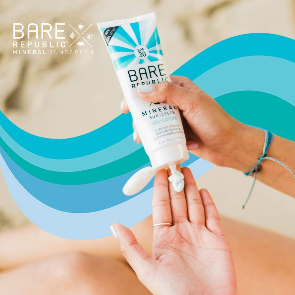 Bare Republic packaging shows clean ingredients and light, quick-absorb formula.