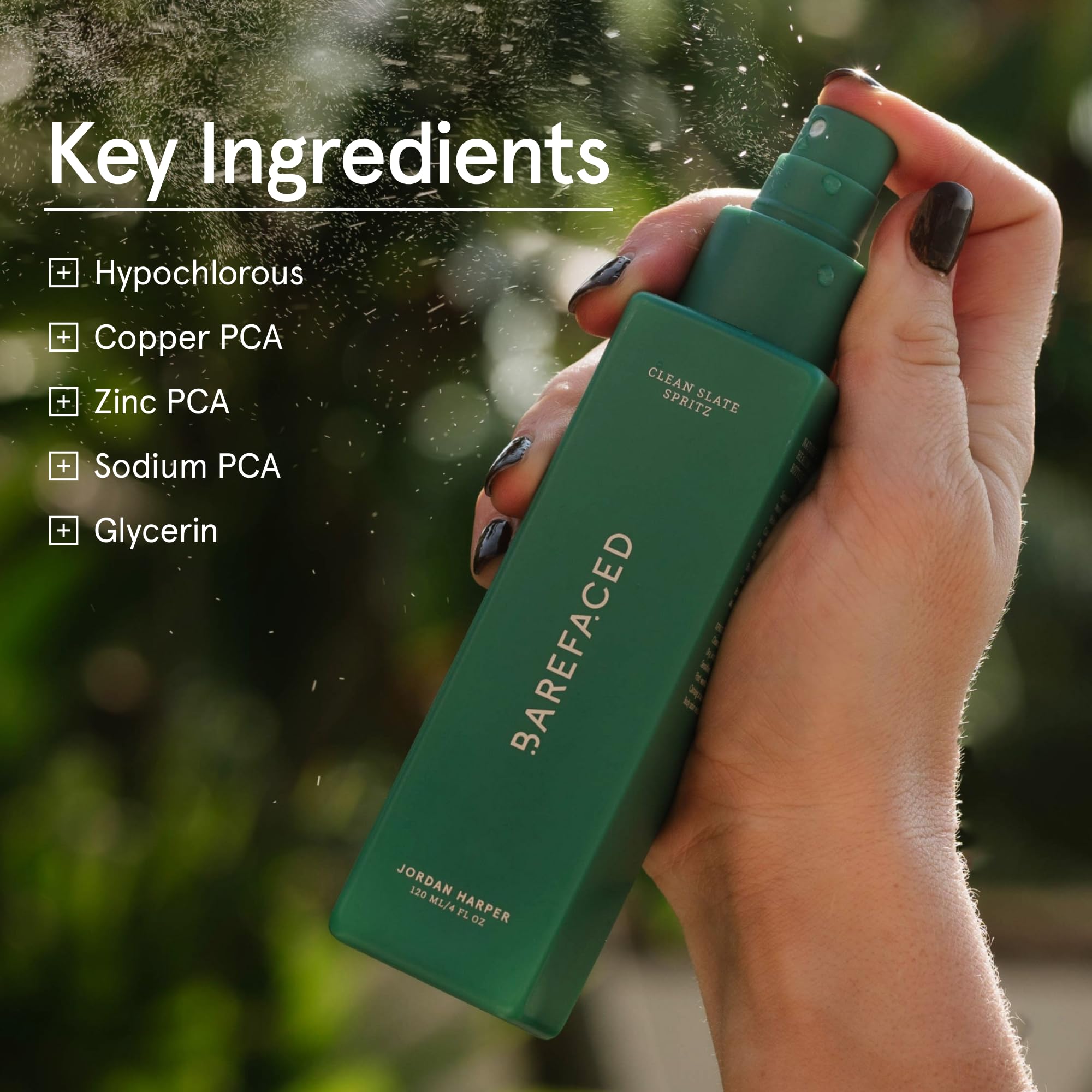 Barefaced Clean Slate Spritz packaging illustrates mineral formula and travel-friendly size.