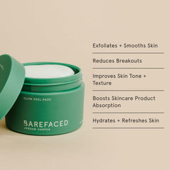 A user applies Barefaced Glow Peel Pads on the cheek for even tone
