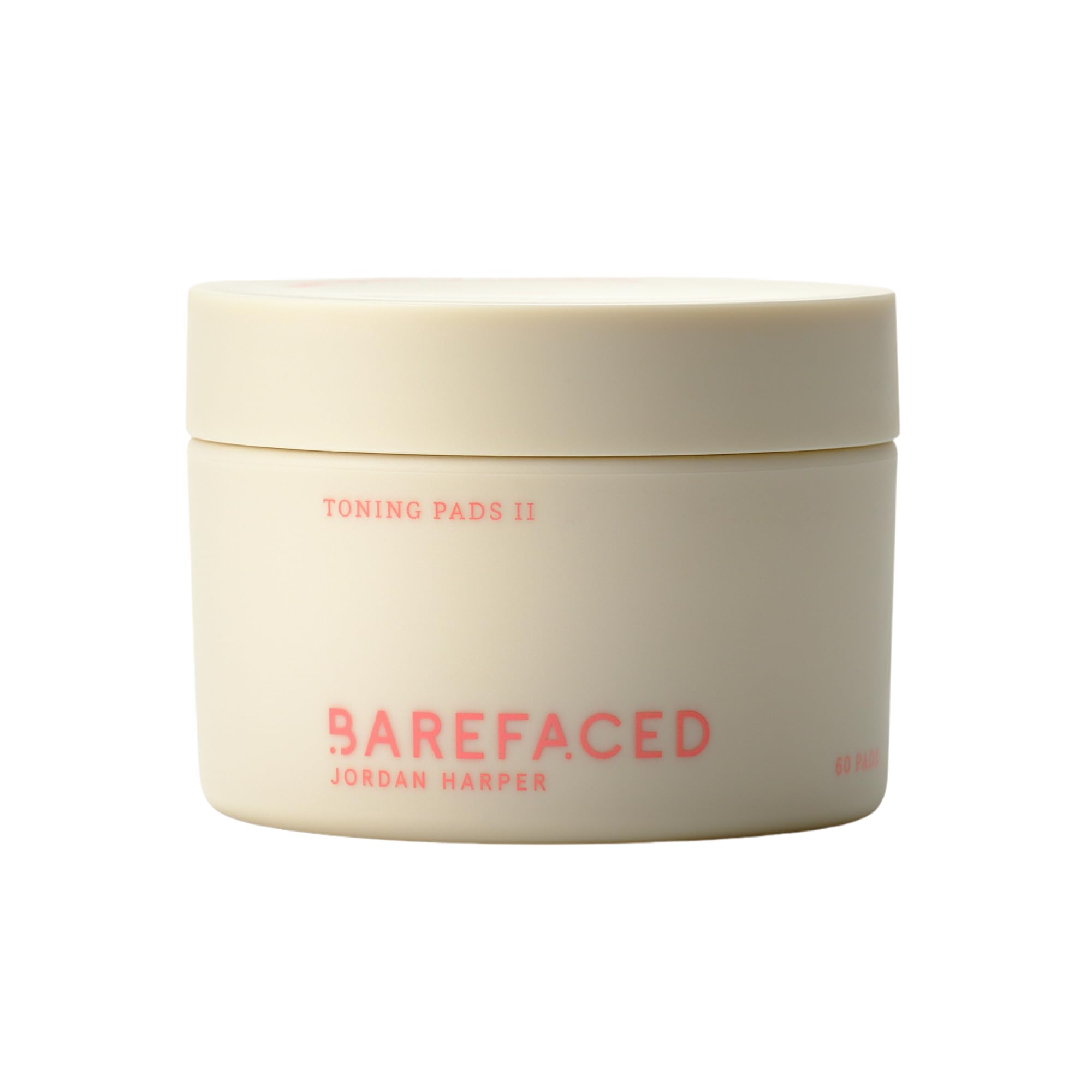 Barefaced Toning Pads II packshot highlighting 60-count container for brightening and cleansing.