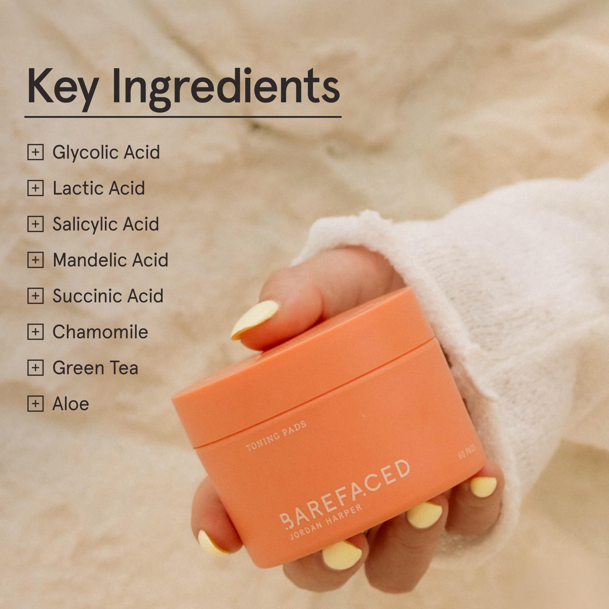 Barefaced Toning Pads ingredient label detail outlines glycolic and salicylic acid benefits