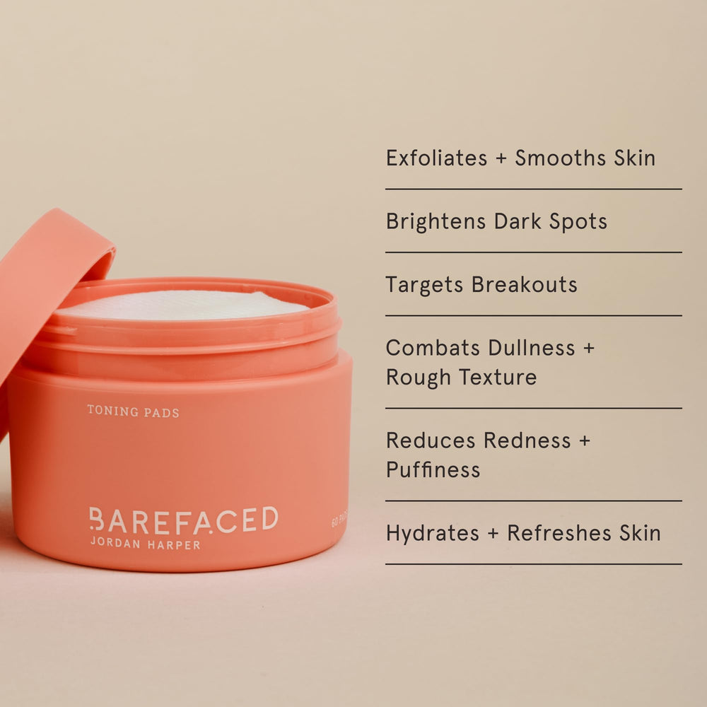 Barefaced Toning Pads pack closeup emphasizes compact design for a quick skincare routine
