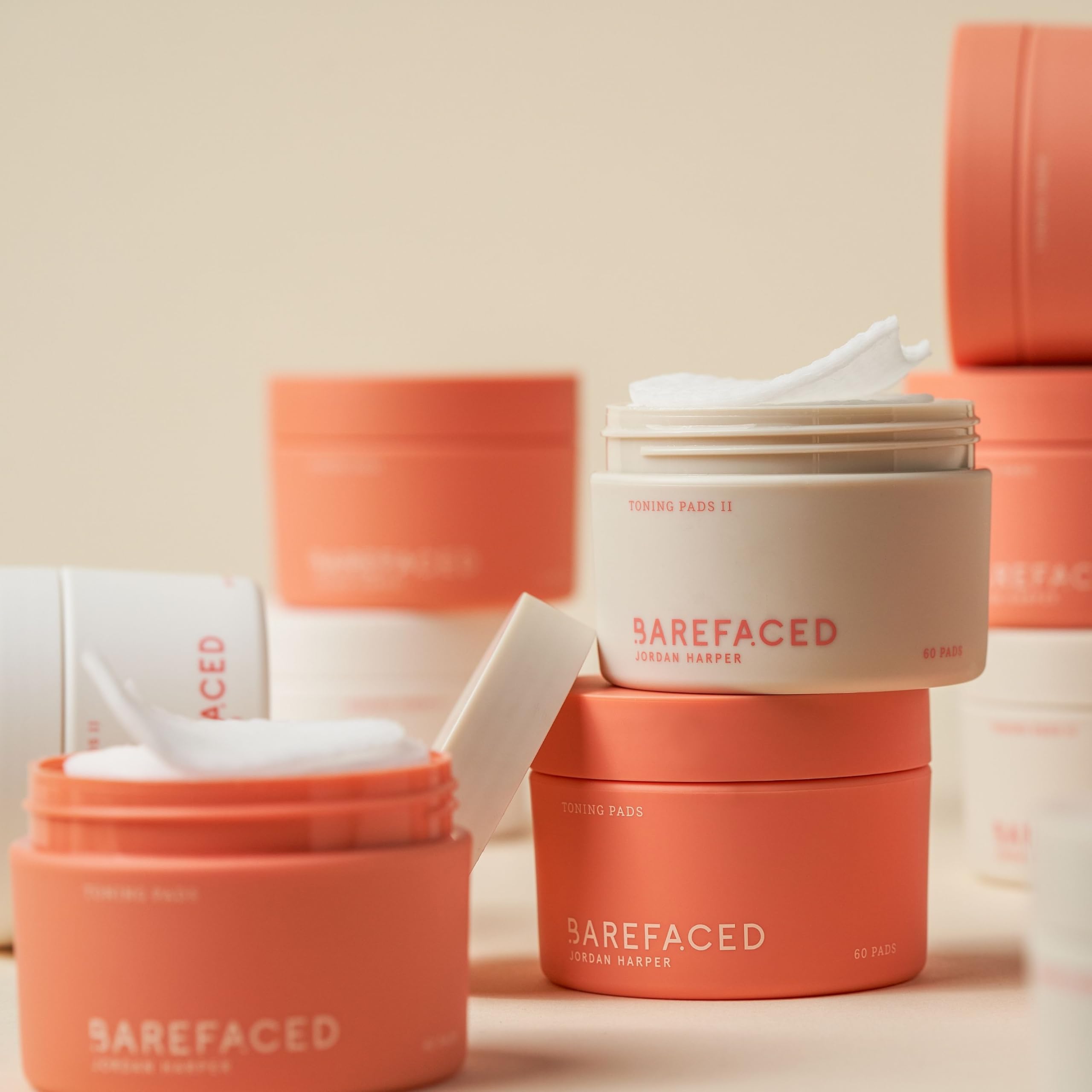 Barefaced Toning Pads on shelf with bright branding suggests clearer pores and smoother texture
