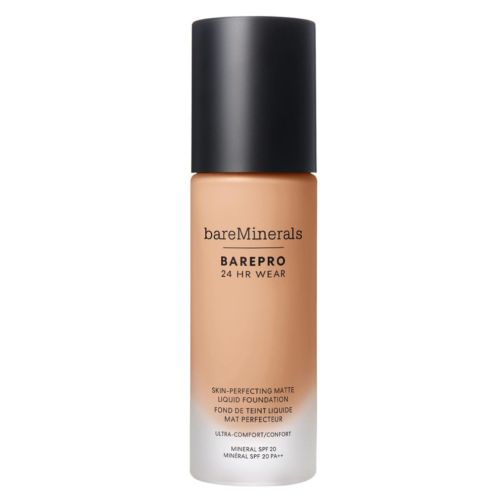 bareminerals Barepro 24HR Wear bottle close-up shows matte finish and full coverage.