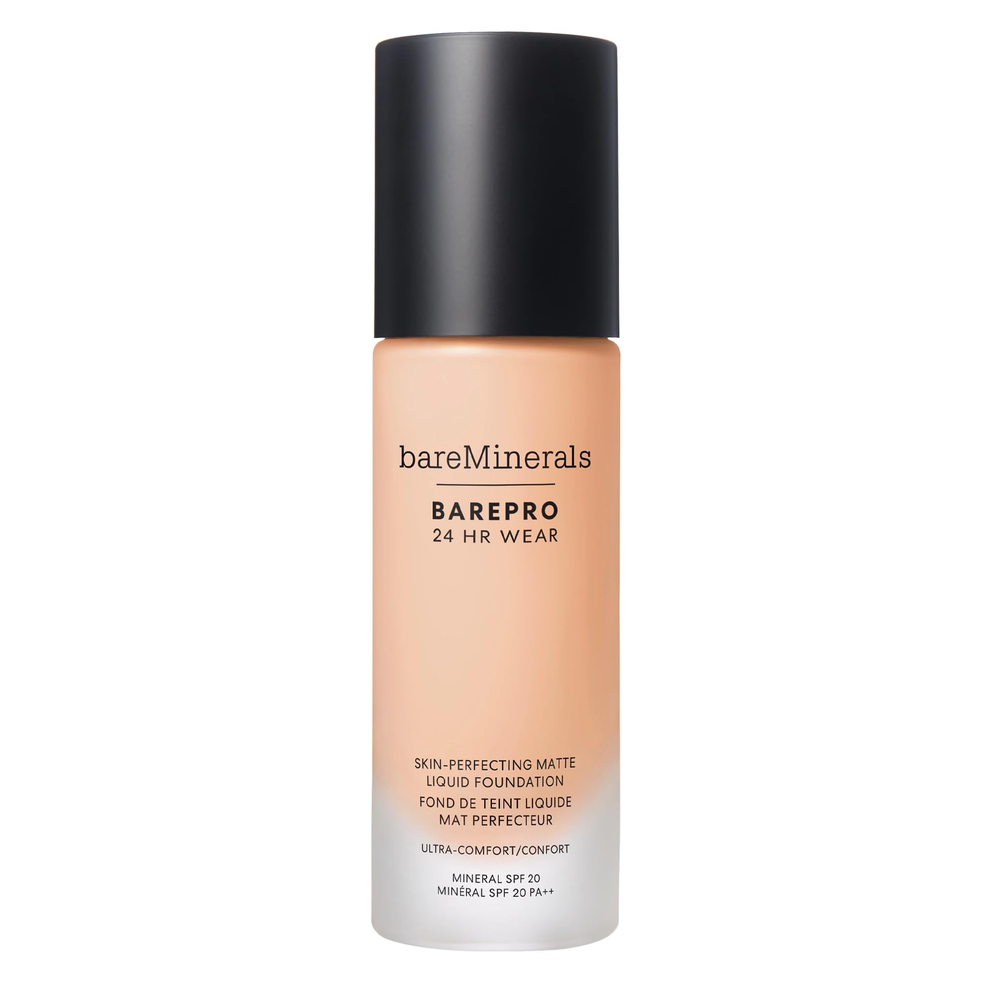 bareMinerals BarePro 24HR Wear Matte Foundation swatch shows full coverage with a natural matte finish.