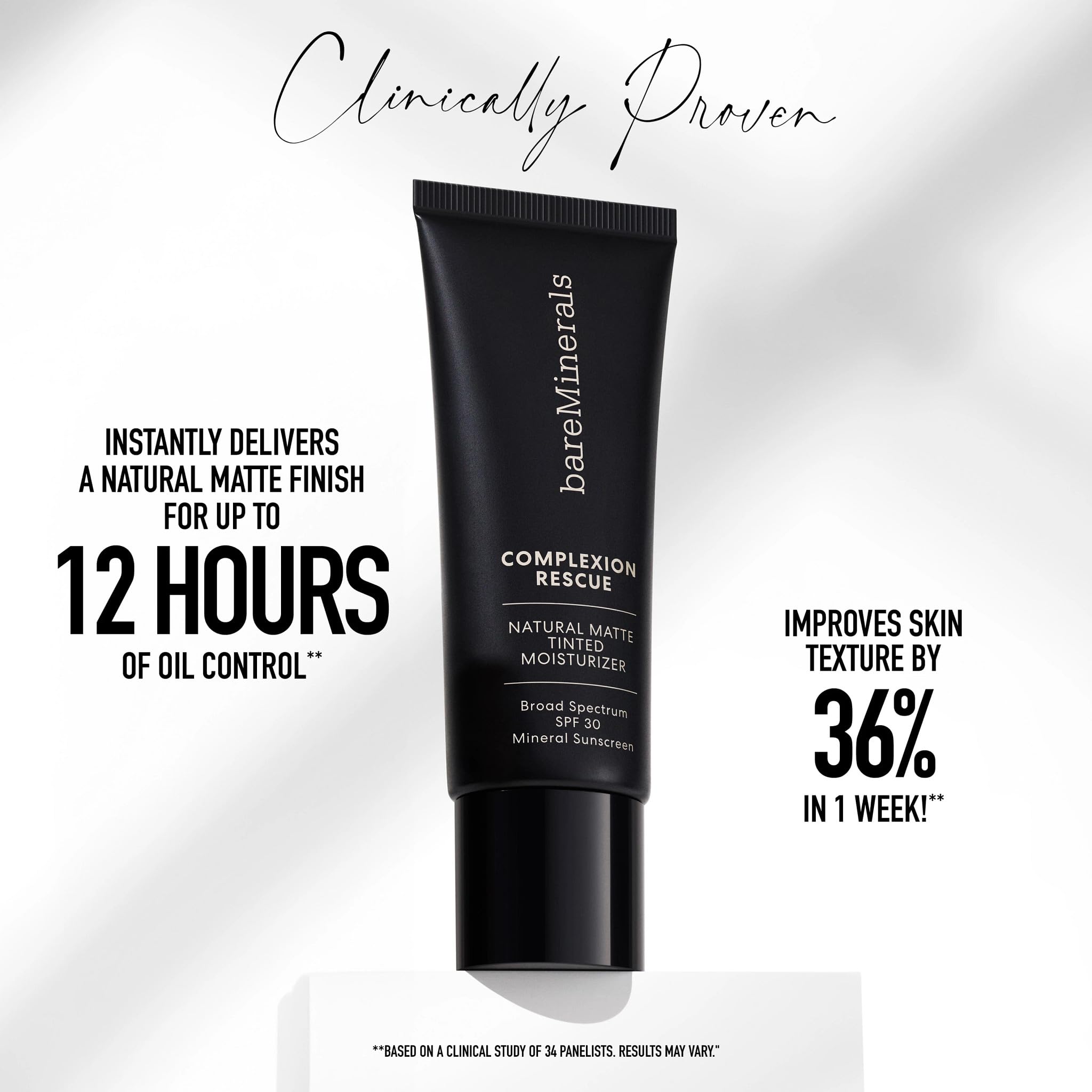 bareMinerals Complexion Rescue matte-finish close-up highlights mineral SPF 30 protection.
