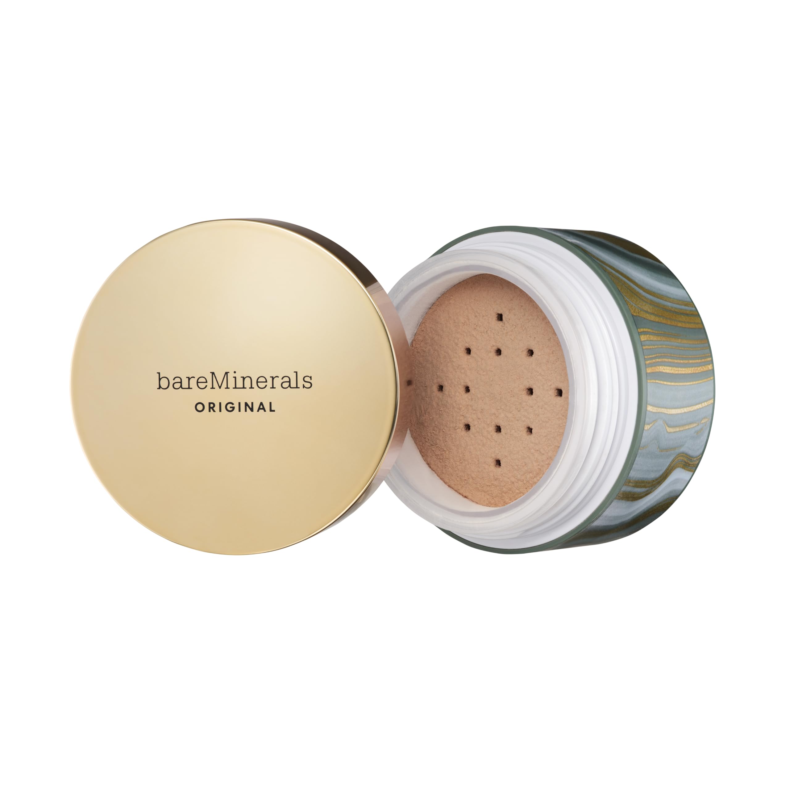 bareMinerals deluxe original loose foundation packaging shown for the holiday edition, ideal for gifting.