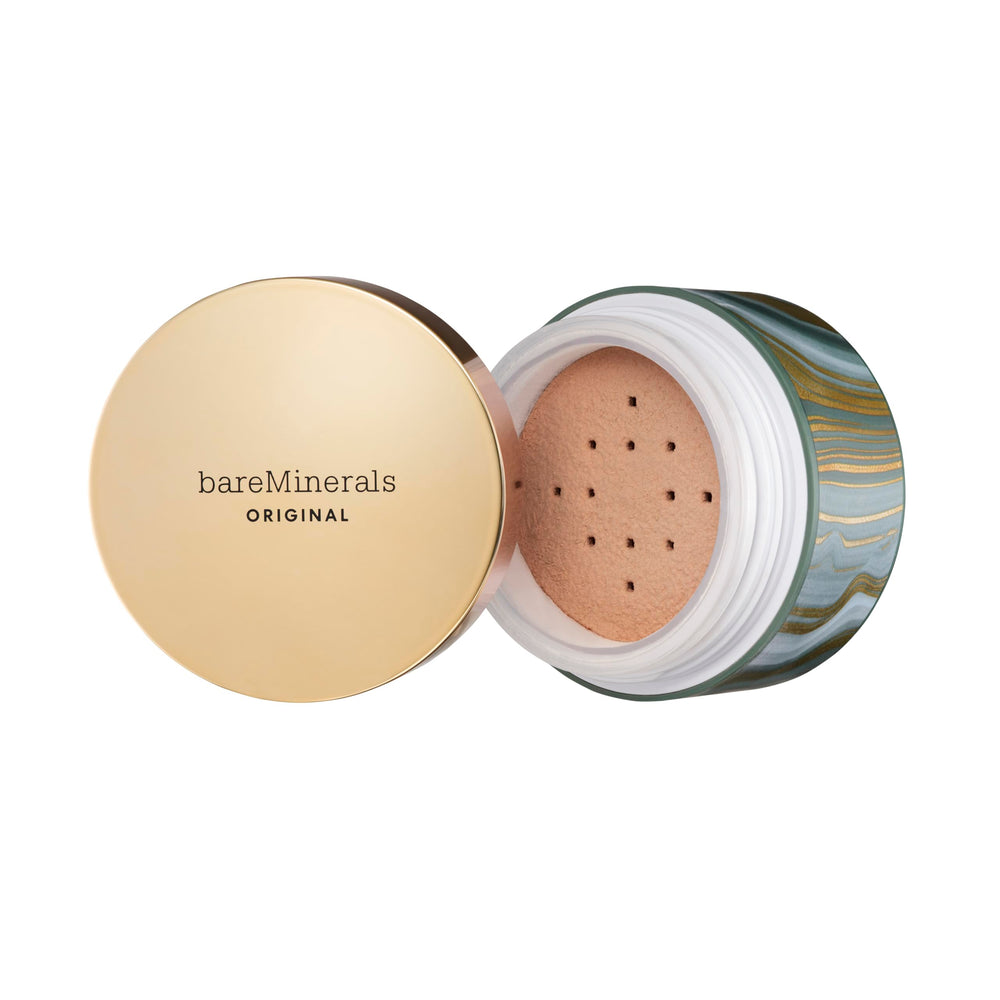 bareMinerals deluxe original loose foundation packaging shown for the holiday edition, ideal for gifting.