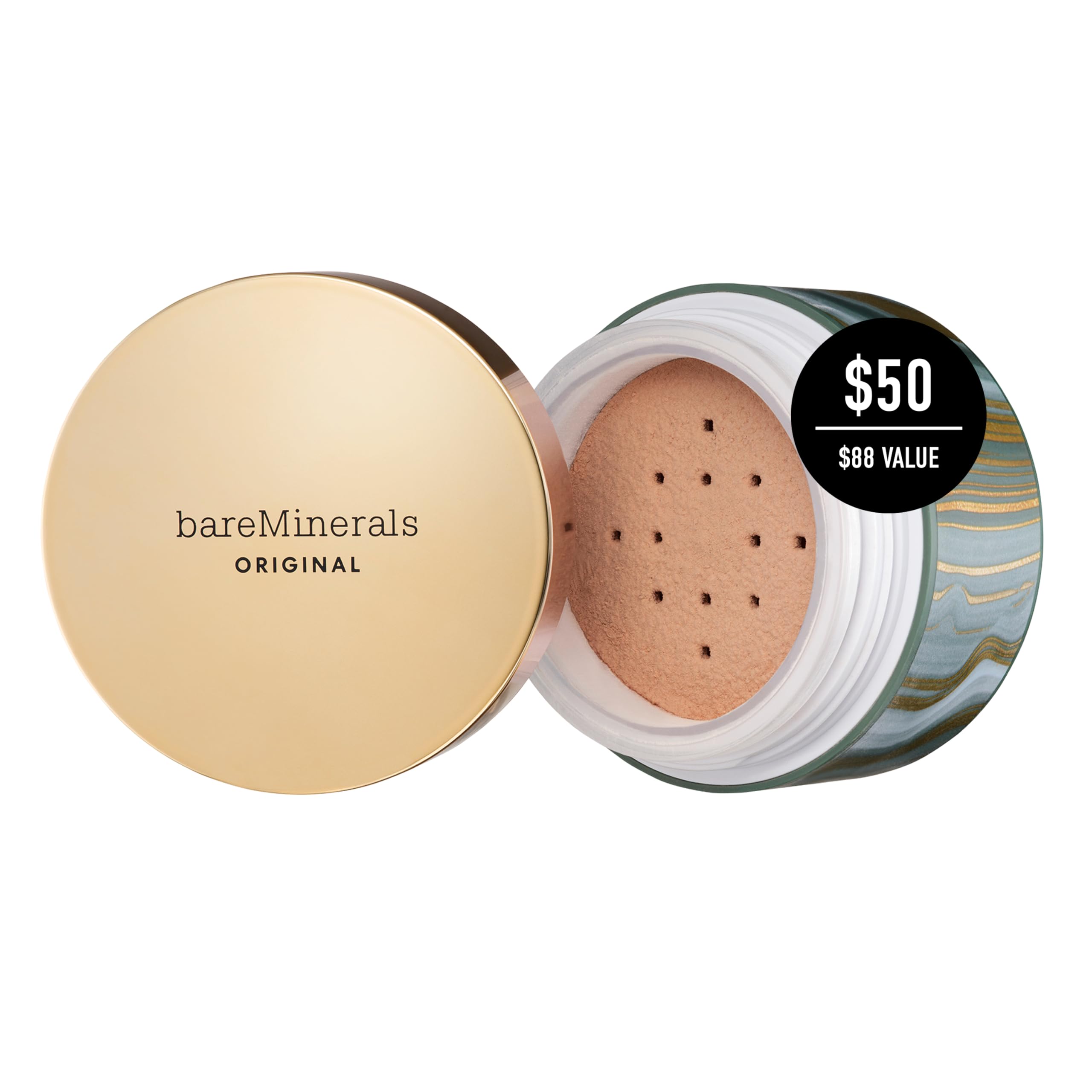 BareMinerals Deluxe Original foundation powder texture swirl reveals Medium Tan shade.