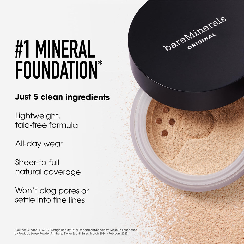 BareMinerals Deluxe Original foundation skin swatch demonstrates sheer to full coverage.