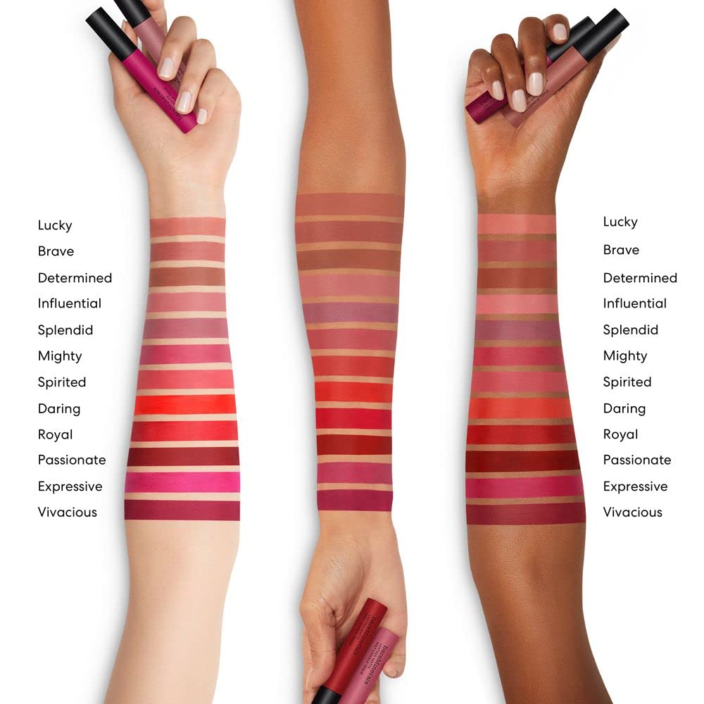 BareMinerals Mineralist matte finish on lips demonstrates weightless comfort and smooth look.