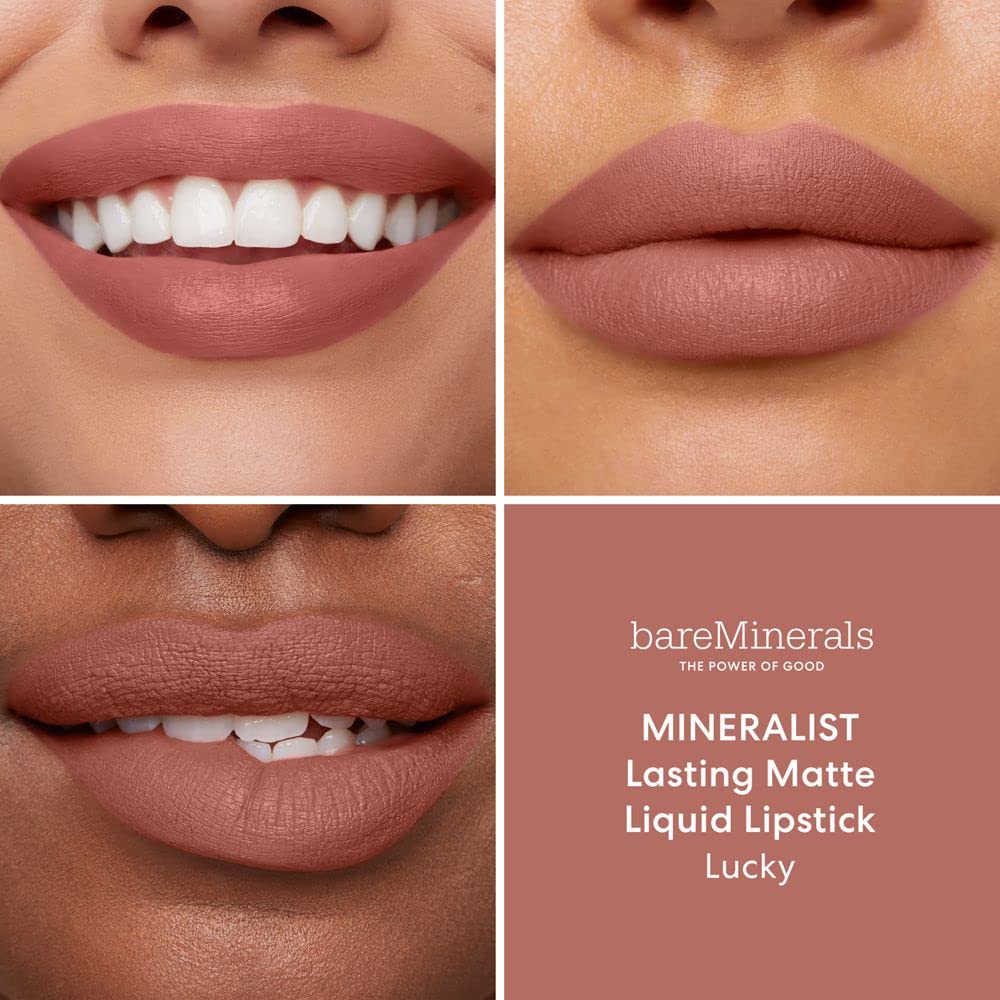 BareMinerals Mineralist swatch on lips highlights rich color payoff and transfer-resistance.