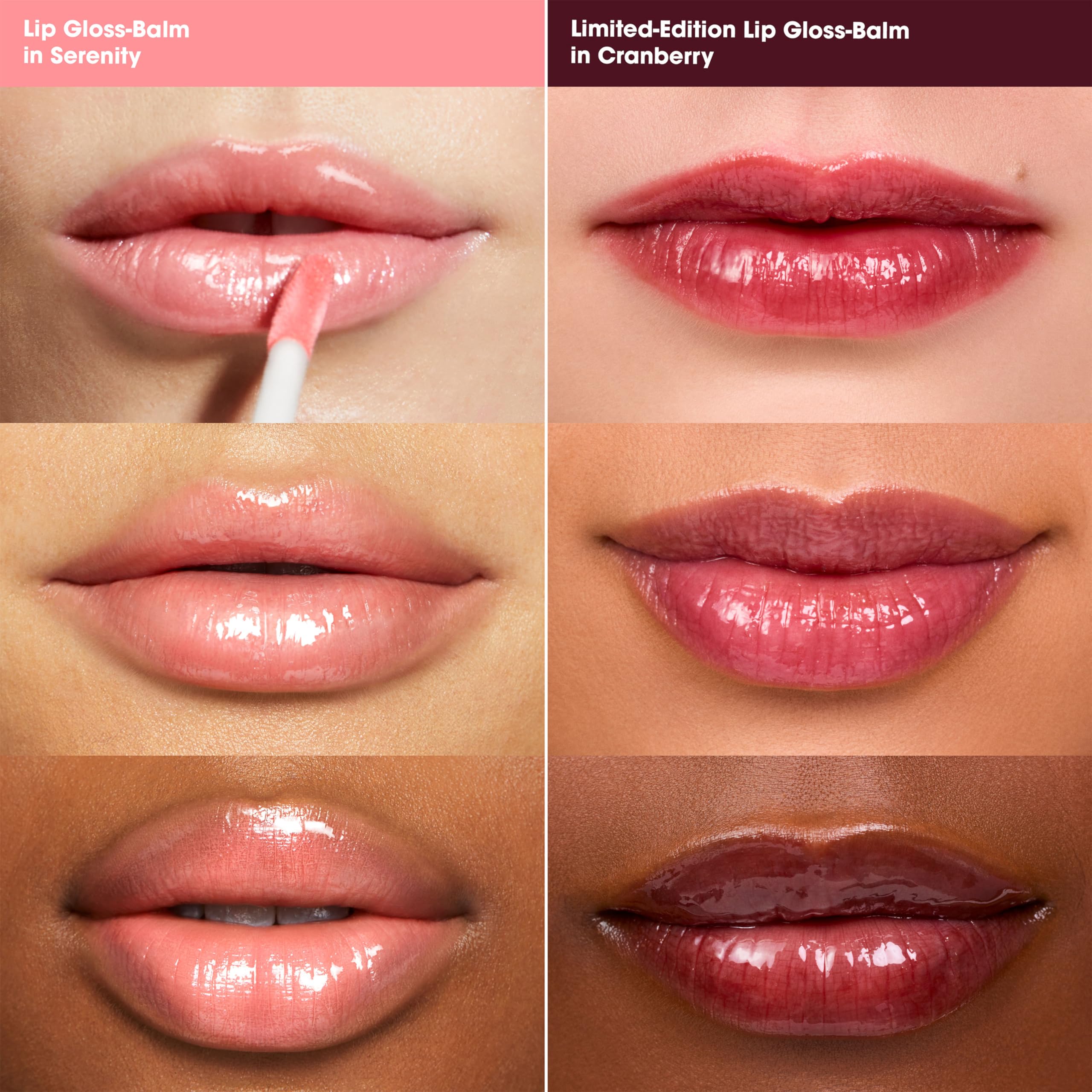 bareMinerals Mineralist Lip Gloss-Balm Cranberry swatch reveals vibrant shine for everyday looks.