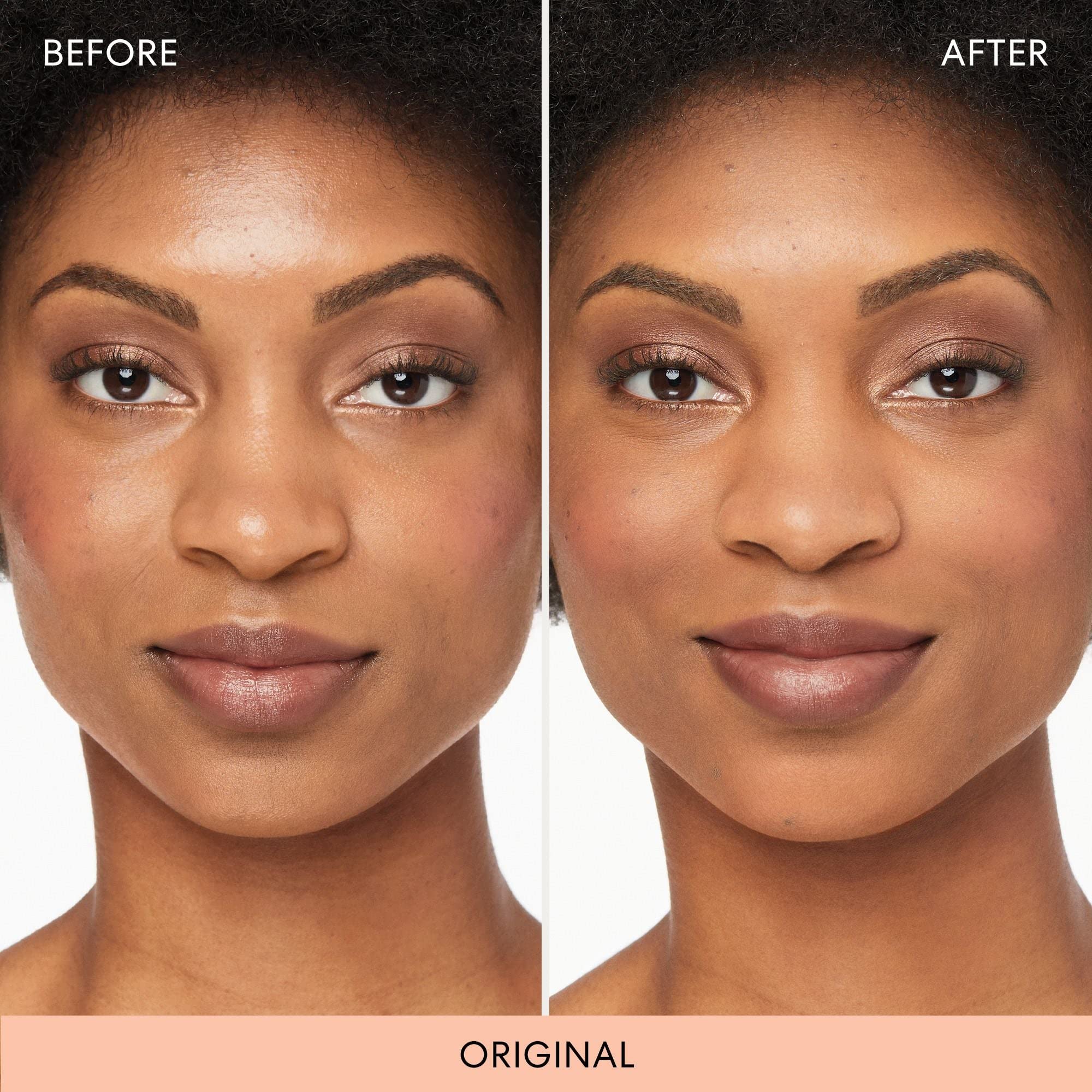 bareMinerals no-flashback finish visible on skin after setting with Mineral Veil.