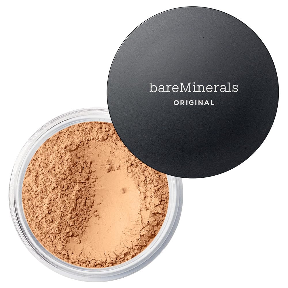 bareminerals original loose powder foundation bottle pour shows even coverage and a refined finish
